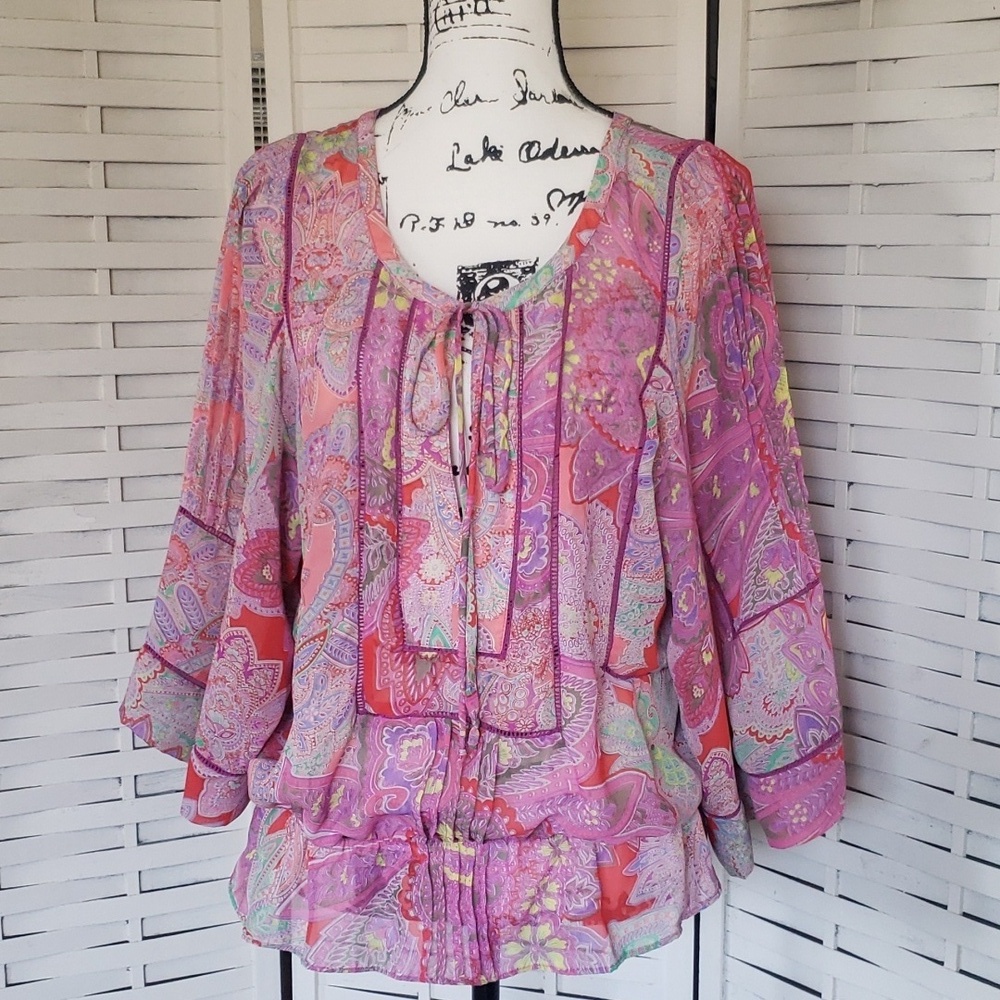Daniel Rainn pink floral semisheer 3/4 wide sleeves peplum boho shirt size L
